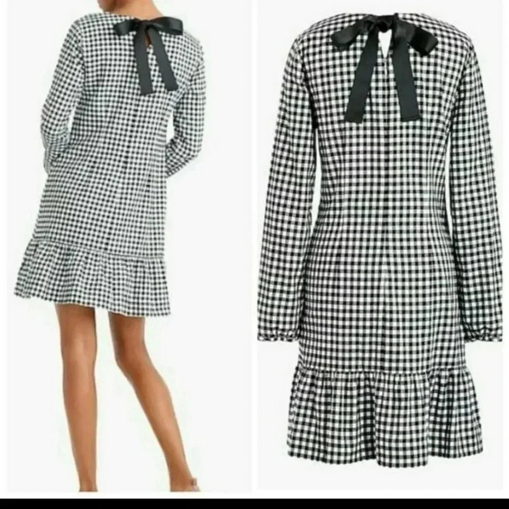 J.Crew Black/White Gingham Flannel Ruffle Bow Back Dress(S)